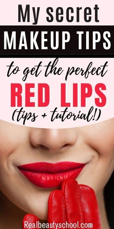 woman wearing red lips with my secret makeup tips for red lips text overlay