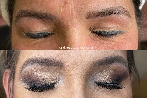 Before and after, eye makeup on previous permanent eyeliner tatto