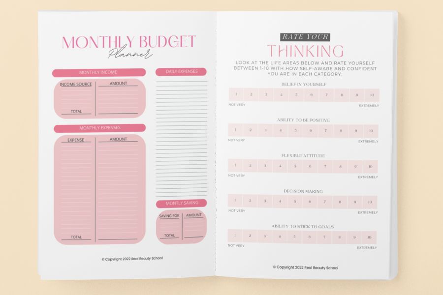 monthly budget planner and thinking tracker pages from a beauty planner