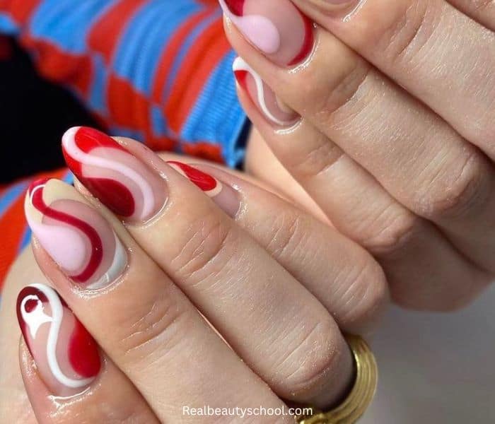  Abstract Red, white and baby pink nails