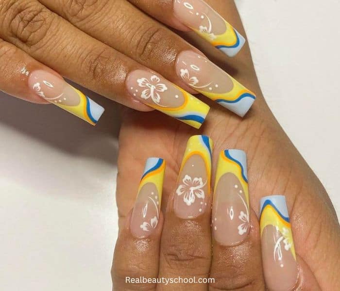 yellow and blue aloha nail design for summer