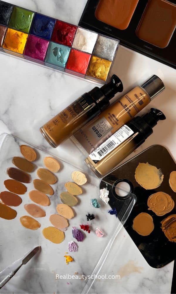 mixing foundation shades with three base shades and the primary colors using the theory of color for makeup