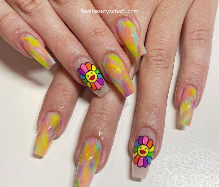 Murakami Flower and Rainbow Colors Nails