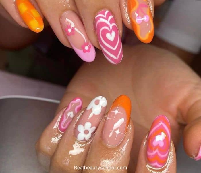 orange, white, pink and magenta nails