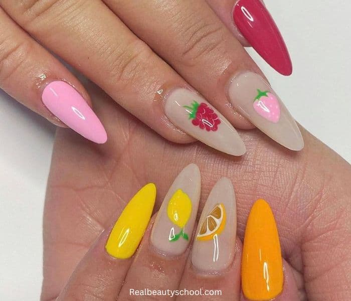 strawberry and lemonade fruity summer nails for spring and summer