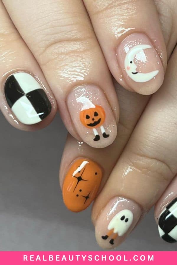 Spooky ghost and pumpkin nails