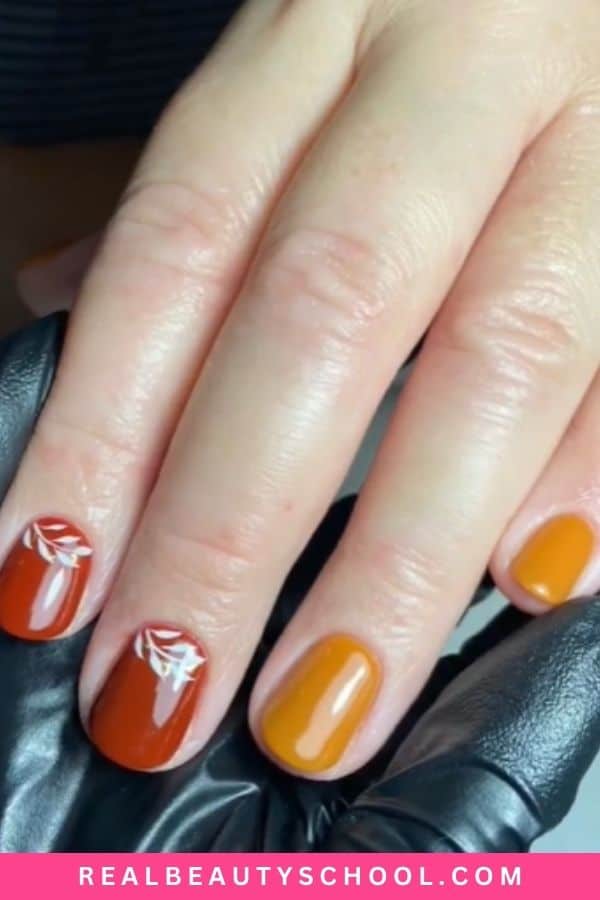 Fall short nails designs orange and caramel