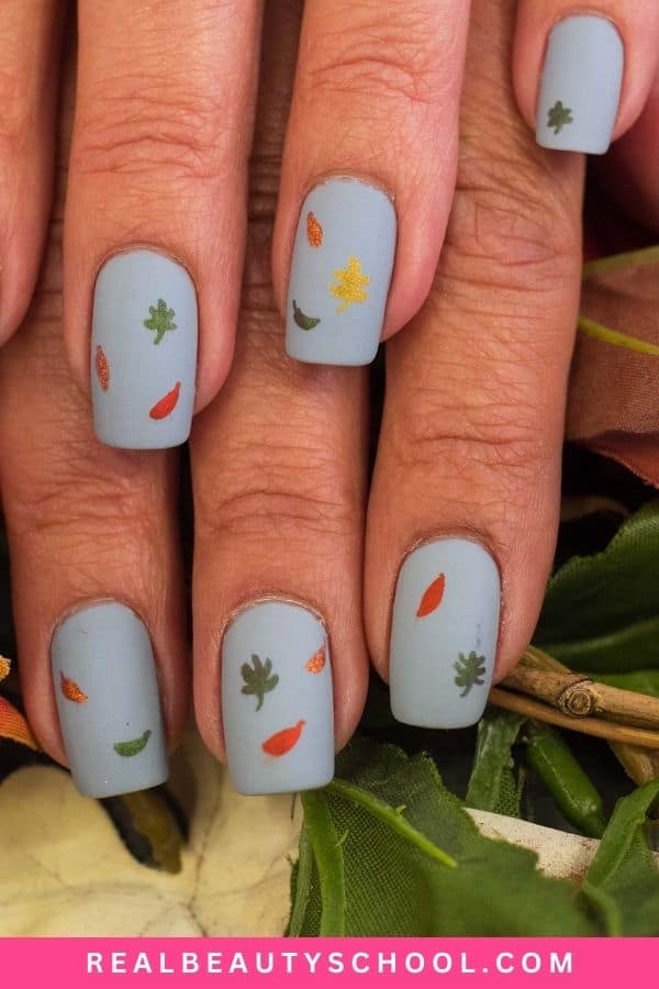 blue with fall leaves nails