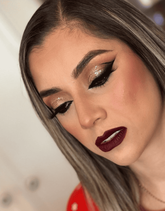 full glam shimmer smokey eye with double eyeliner and burgundy lips for fall 