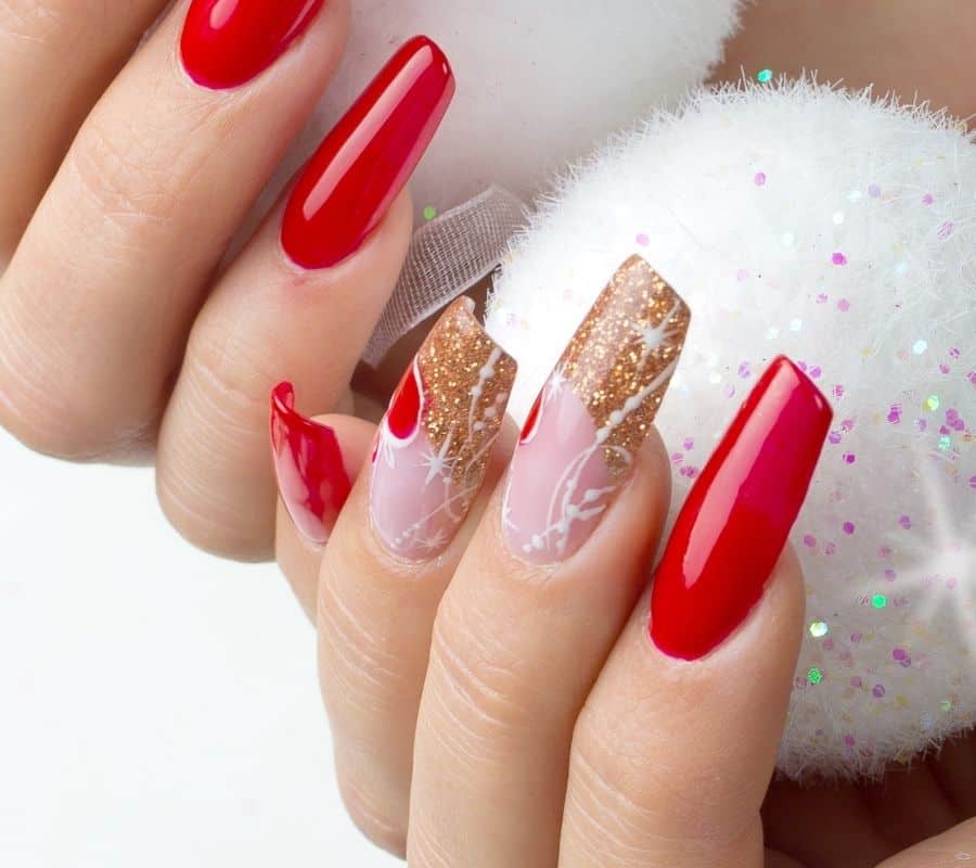 christmas red and golden long nails 