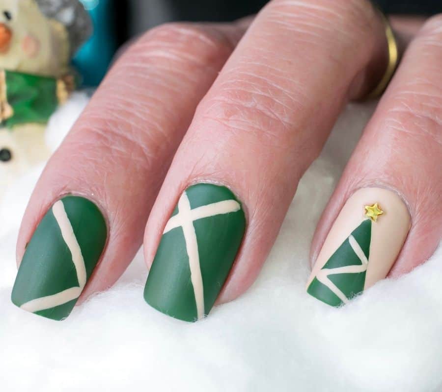 Beige and green Christmas nails