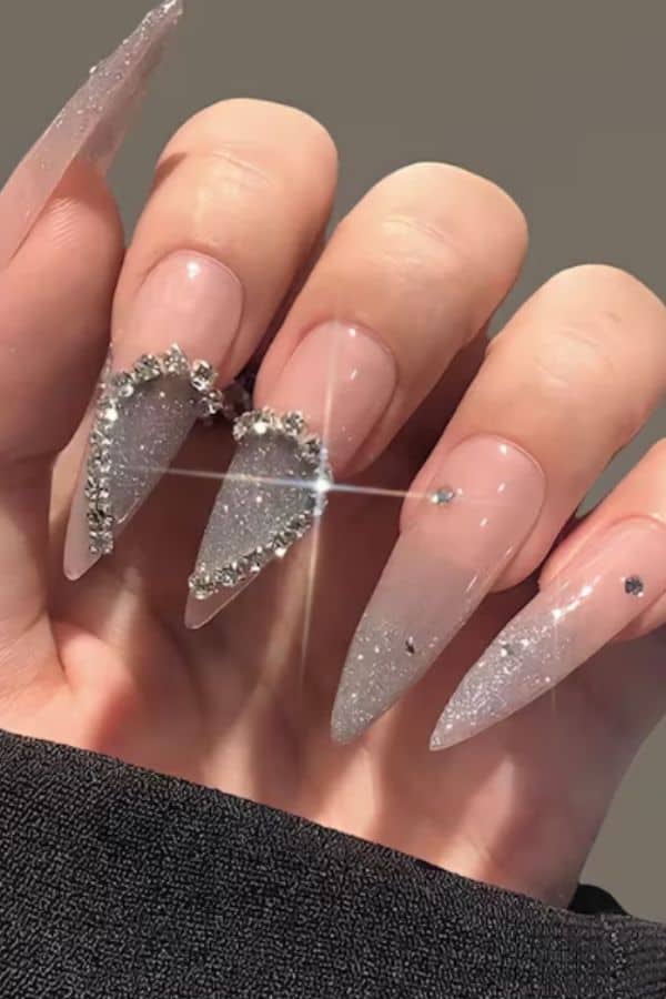 long acrylic sparkling gemstone hearts nails