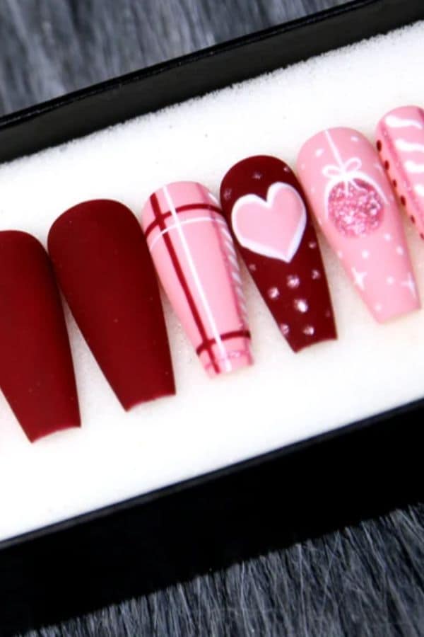 red and pink valentines day heart press on nails set