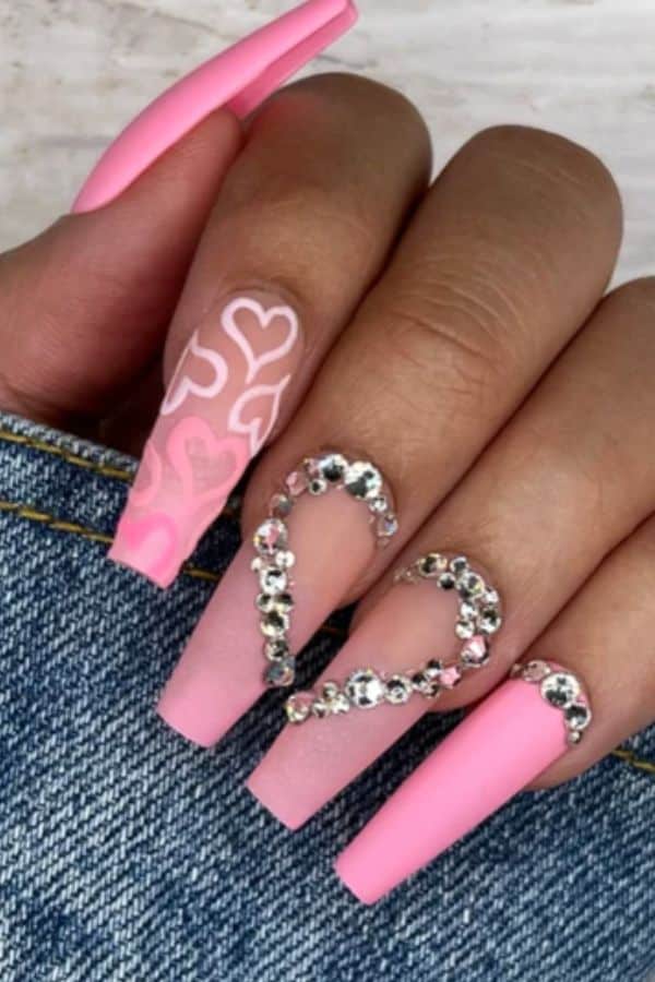 Cute Pink and Heart Gems Nails