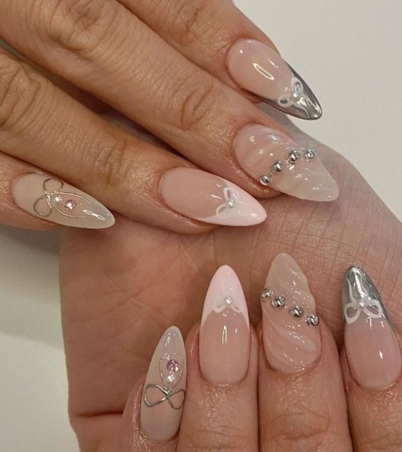 Elegant Silver and pink Almond Coquette Nails 