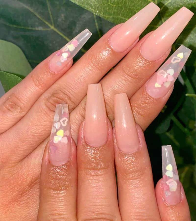 Elegant in Nude and translucent Hearts nails 