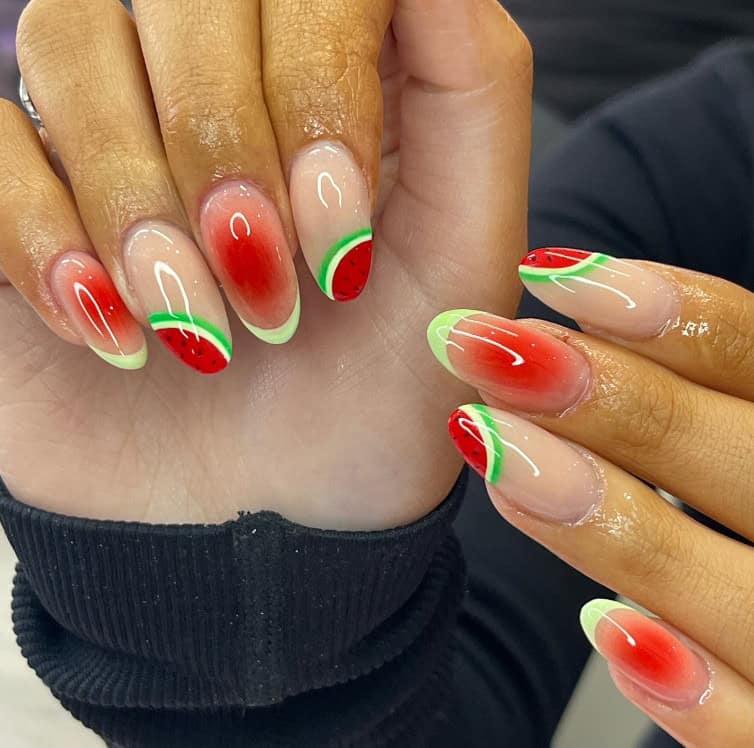  Blush red and lime green watermelon nails