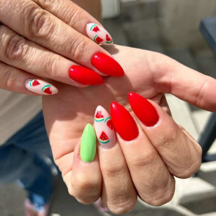  Summer Bright red watermelon long nails 