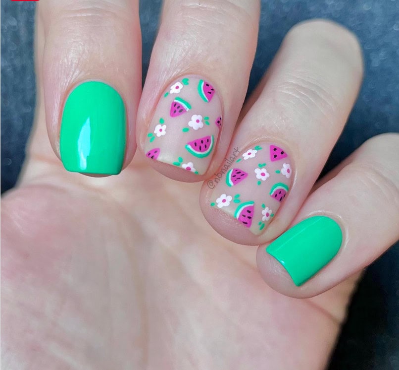 Lime green with small watermelons Nail design